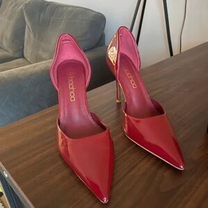Boohoo Red Patent Pointed D'Orsay Stiletto Heels with Gold Trim